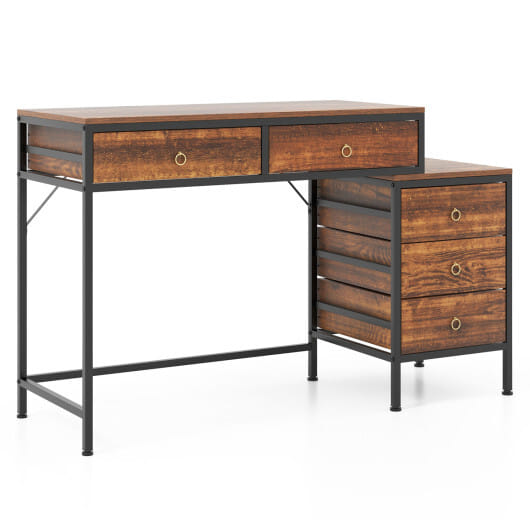Computer Desk with 5 Drawers Home Office Desk with Side File Cabinet-Rustic Brown - Color: Rustic Brown
