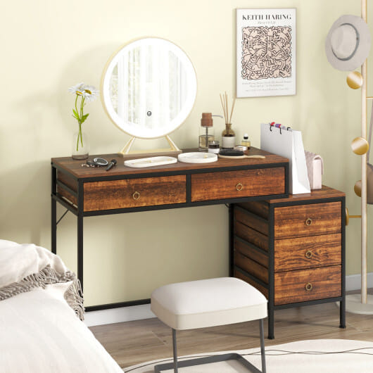 Computer Desk with 5 Drawers Home Office Desk with Side File Cabinet-Rustic Brown - Color: Rustic Brown