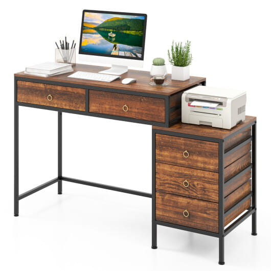 Computer Desk with 5 Drawers Home Office Desk with Side File Cabinet-Rustic Brown - Color: Rustic Brown