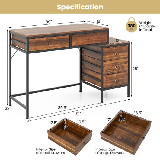 Computer Desk with 5 Drawers Home Office Desk with Side File Cabinet-Rustic Brown - Color: Rustic Brown