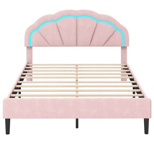 Upholstered LED Bed Frame with Adjustable Flower Headboard and Metal Support Feet Pink-Queen Size - Color: Pink - Size: Queen Size