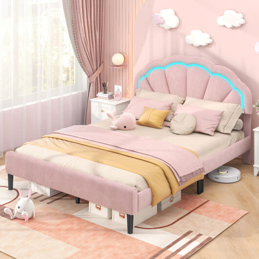 Upholstered LED Bed Frame with Adjustable Flower Headboard and Metal Support Feet Pink-Queen Size - Color: Pink - Size: Queen Size