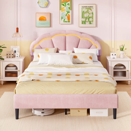 Upholstered LED Bed Frame with Adjustable Flower Headboard and Metal Support Feet Pink-Queen Size - Color: Pink - Size: Queen Size