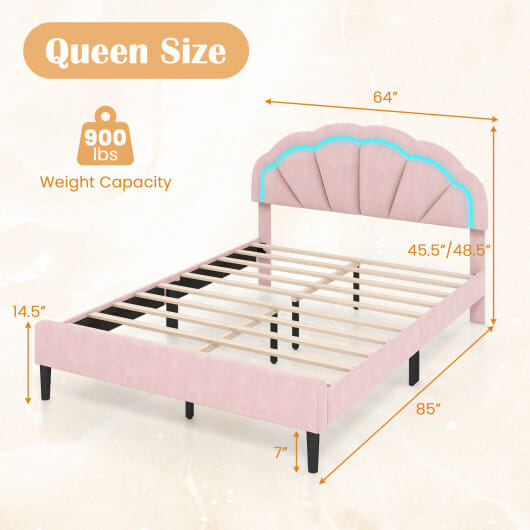 Upholstered LED Bed Frame with Adjustable Flower Headboard and Metal Support Feet Pink-Queen Size - Color: Pink - Size: Queen Size