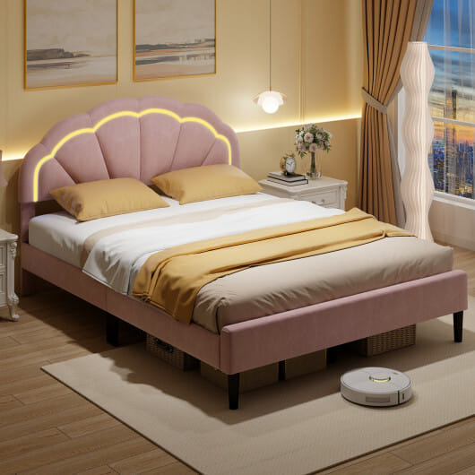 Upholstered LED Bed Frame with Adjustable Flower Headboard and Metal Support Feet Pink-Queen Size - Color: Pink - Size: Queen Size