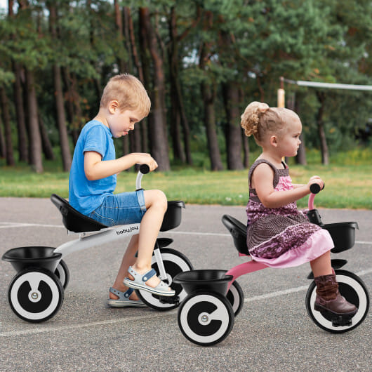 Toddler Tricycle with Adjustable Seat and Storage Baskets for 1.5-5 Years Old-White - Color: White