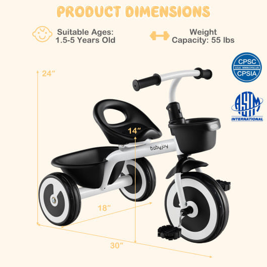 Toddler Tricycle with Adjustable Seat and Storage Baskets for 1.5-5 Years Old-White - Color: White