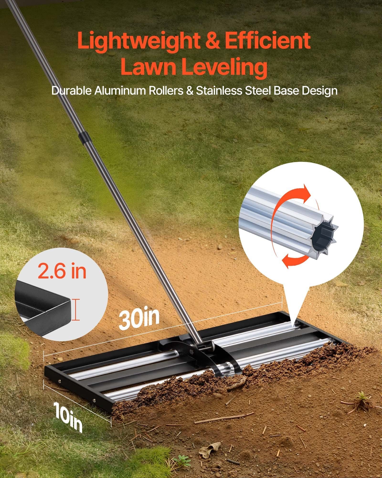 Updated Lawn Leveling Rake with Roller, 30" x 10" Stainless Steel Lawn Leveler with 83.9" Adjustable Handle, Heavy Duty Yard Leveling Rake, Effort Saving Lawn Leveling Tool for Yard Golf Court