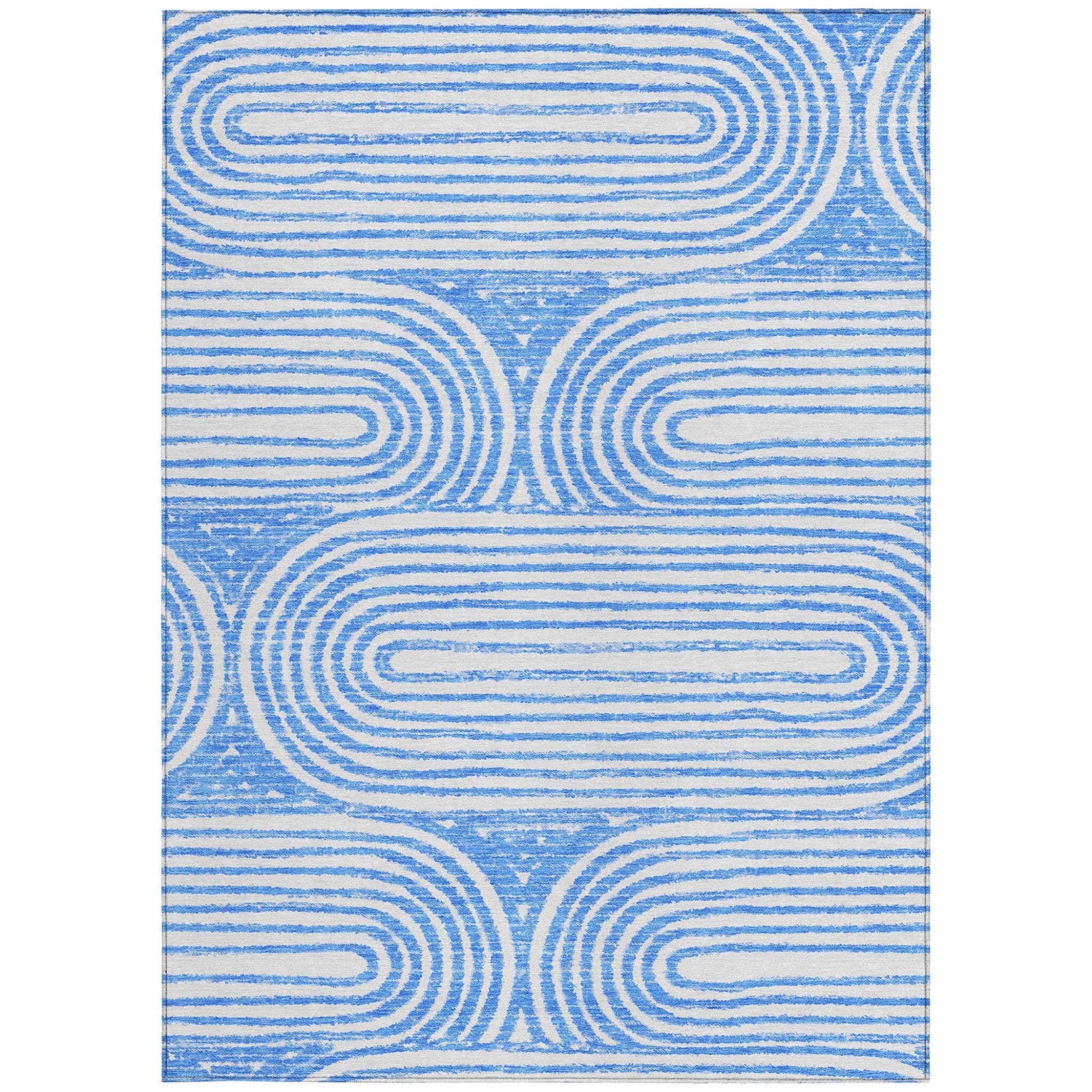 8' X 10' Blue and White Abstract Washable Non Skid Indoor Outdoor Area Rug