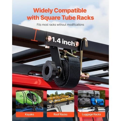 Ladder Rack Ratchet Straps, Black Square Tube Mount, 1.5 in Wide x 7.4 ft Long Black Ladder Rack Straps with Double J-Hooks, 500 lbs Load Heavy Duty, Cargo Buckle Lock Strap (4 Pack)