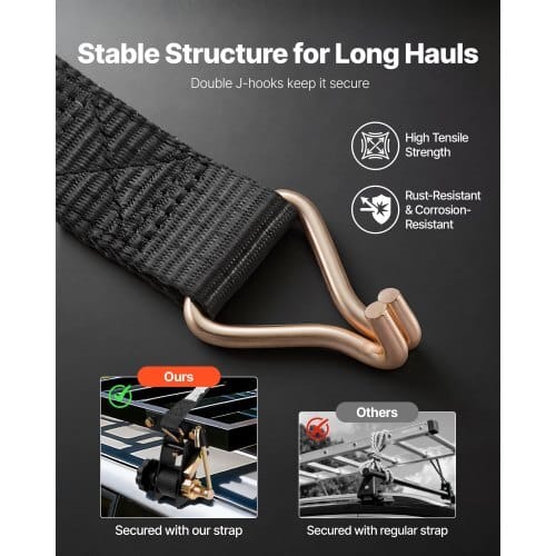 Ladder Rack Ratchet Straps, Black Square Tube Mount, 1.5 in Wide x 7.4 ft Long Black Ladder Rack Straps with Double J-Hooks, 500 lbs Load Heavy Duty, Cargo Buckle Lock Strap (4 Pack)