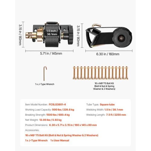 Ladder Rack Ratchet Straps, Black Square Tube Mount, 1.5 in Wide x 7.4 ft Long Black Ladder Rack Straps with Double J-Hooks, 500 lbs Load Heavy Duty, Cargo Buckle Lock Strap (4 Pack)