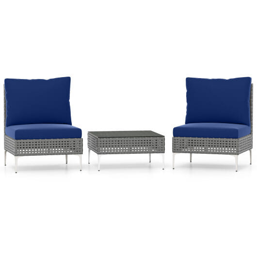 3 Pieces PE Rattan Conversation Chairs with Tempered Glass Coffee Table for Garden Porch-Navy - Color: Navy