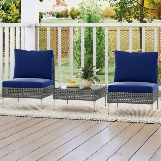 3 Pieces PE Rattan Conversation Chairs with Tempered Glass Coffee Table for Garden Porch-Navy - Color: Navy