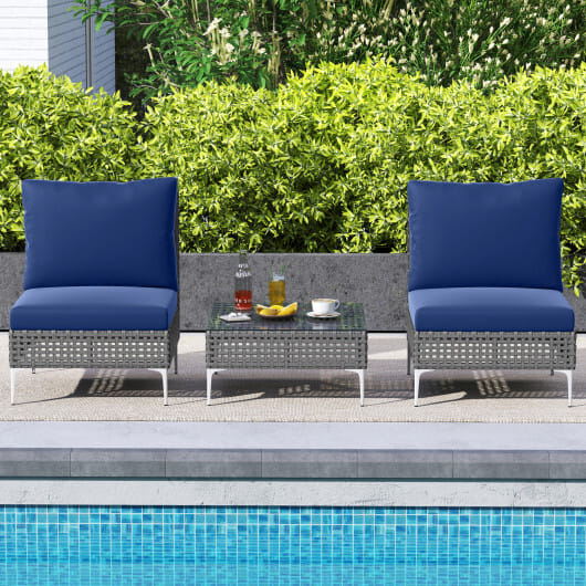 3 Pieces PE Rattan Conversation Chairs with Tempered Glass Coffee Table for Garden Porch-Navy - Color: Navy