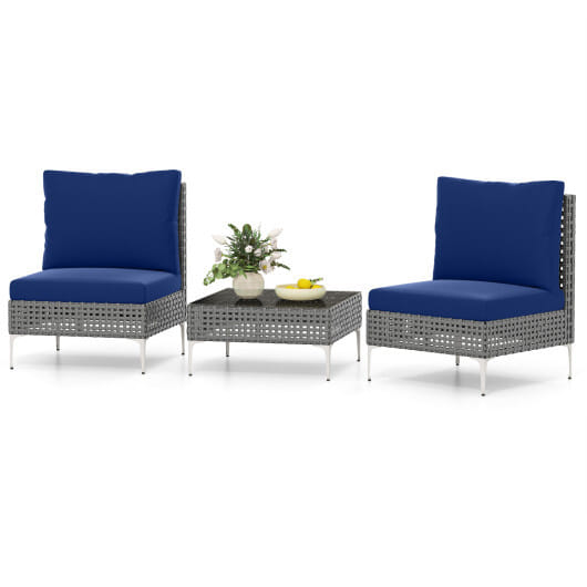 3 Pieces PE Rattan Conversation Chairs with Tempered Glass Coffee Table for Garden Porch-Navy - Color: Navy