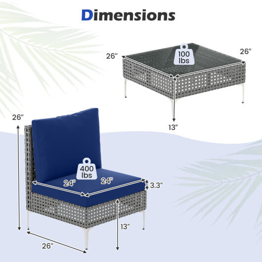 3 Pieces PE Rattan Conversation Chairs with Tempered Glass Coffee Table for Garden Porch-Navy - Color: Navy