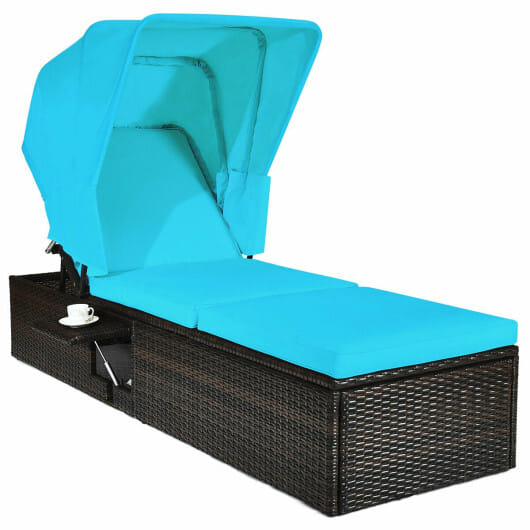 Outdoor Chaise Lounge Chair with Folding Canopy-Turquoise - Color: Turquoise