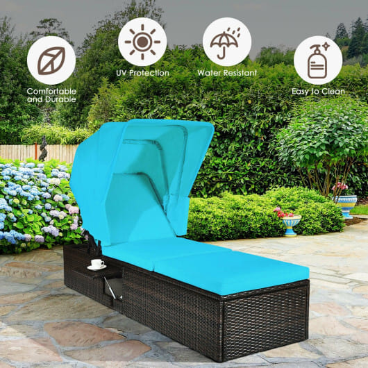 Outdoor Chaise Lounge Chair with Folding Canopy-Turquoise - Color: Turquoise