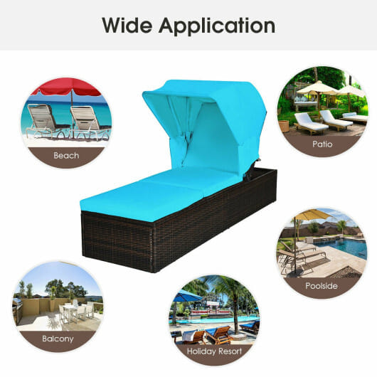 Outdoor Chaise Lounge Chair with Folding Canopy-Turquoise - Color: Turquoise