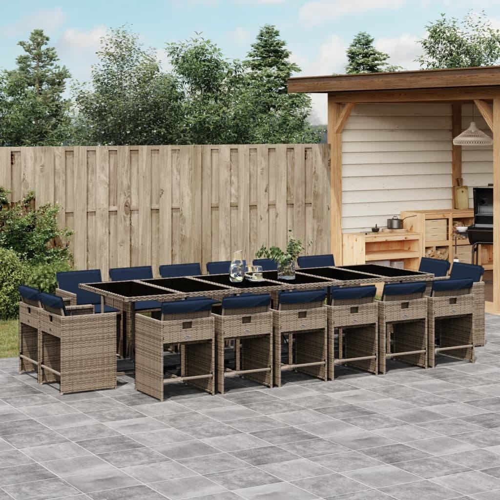17 Piece Garden Dining Set with Cushions Grey Poly Rattan