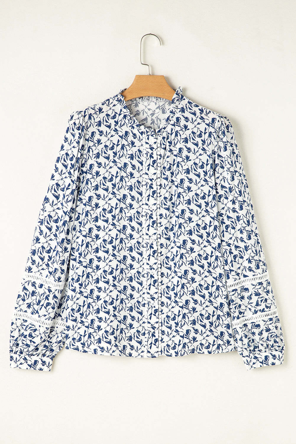 Blue Printed Lace Detail Floral Puff Sleeve Fall Shirt