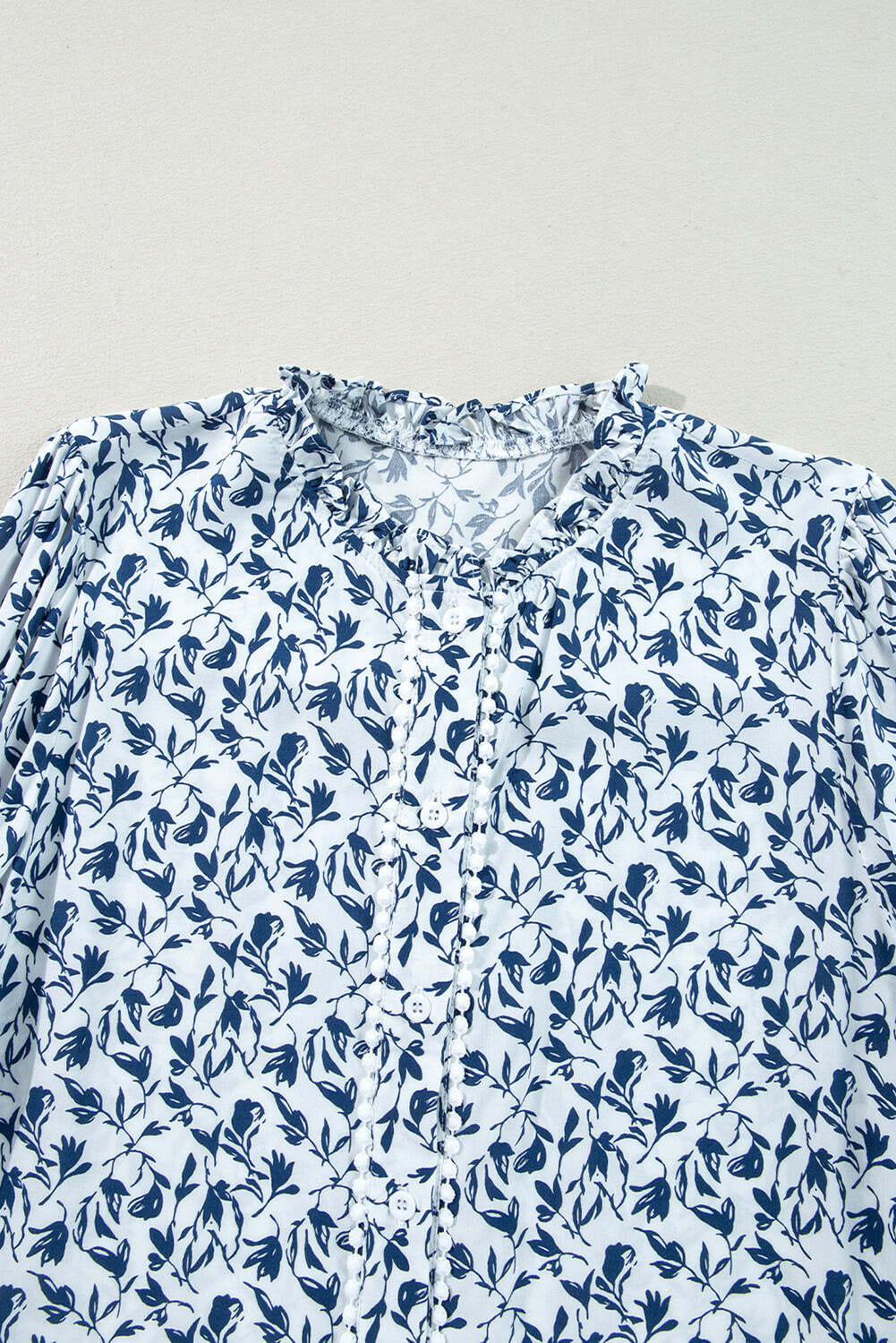 Blue Printed Lace Detail Floral Puff Sleeve Fall Shirt