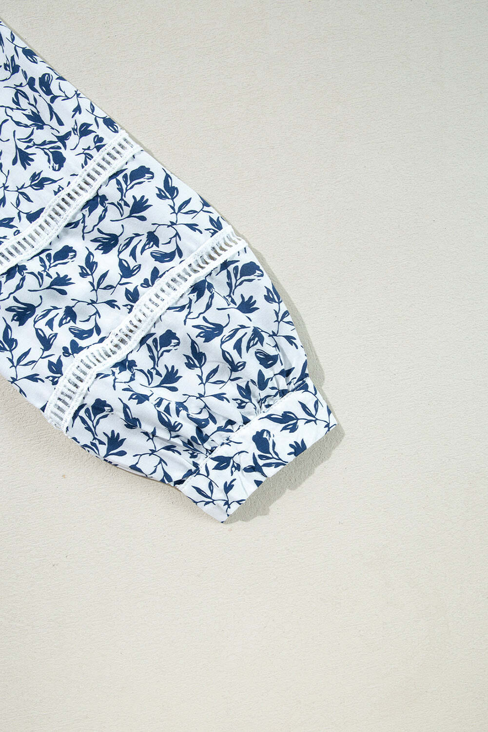Blue Printed Lace Detail Floral Puff Sleeve Fall Shirt