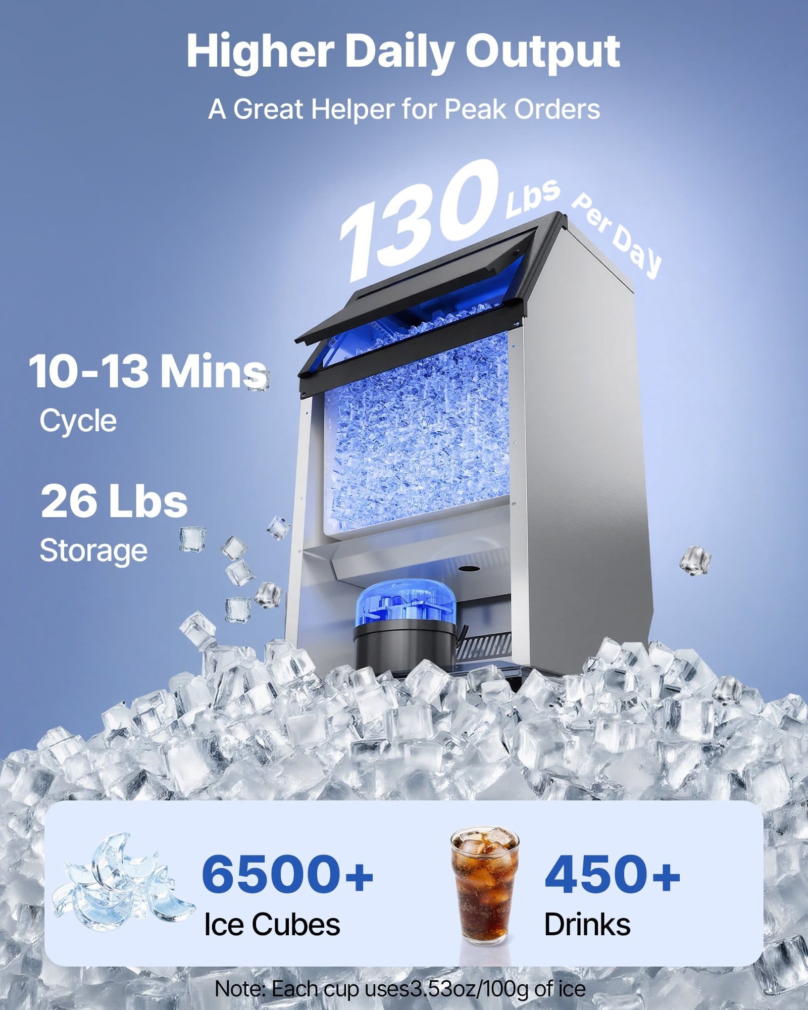 Commercial Ice Maker Machine, 100 lbs/24h with 26 lbs Storage Capacity, Built-in/Freestanding/Under Counter, Stainless Steel Ice Maker with LED Display & Self-Cleaning, for Home Bar Restaurant