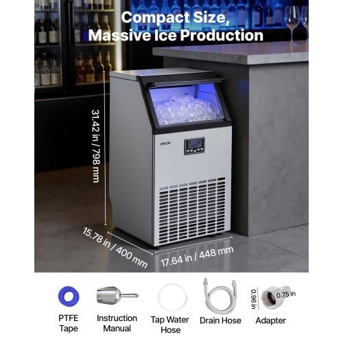 Commercial Ice Maker Machine, 100 lbs/24h with 26 lbs Storage Capacity, Built-in/Freestanding/Under Counter, Stainless Steel Ice Maker with LED Display & Self-Cleaning, for Home Bar Restaurant