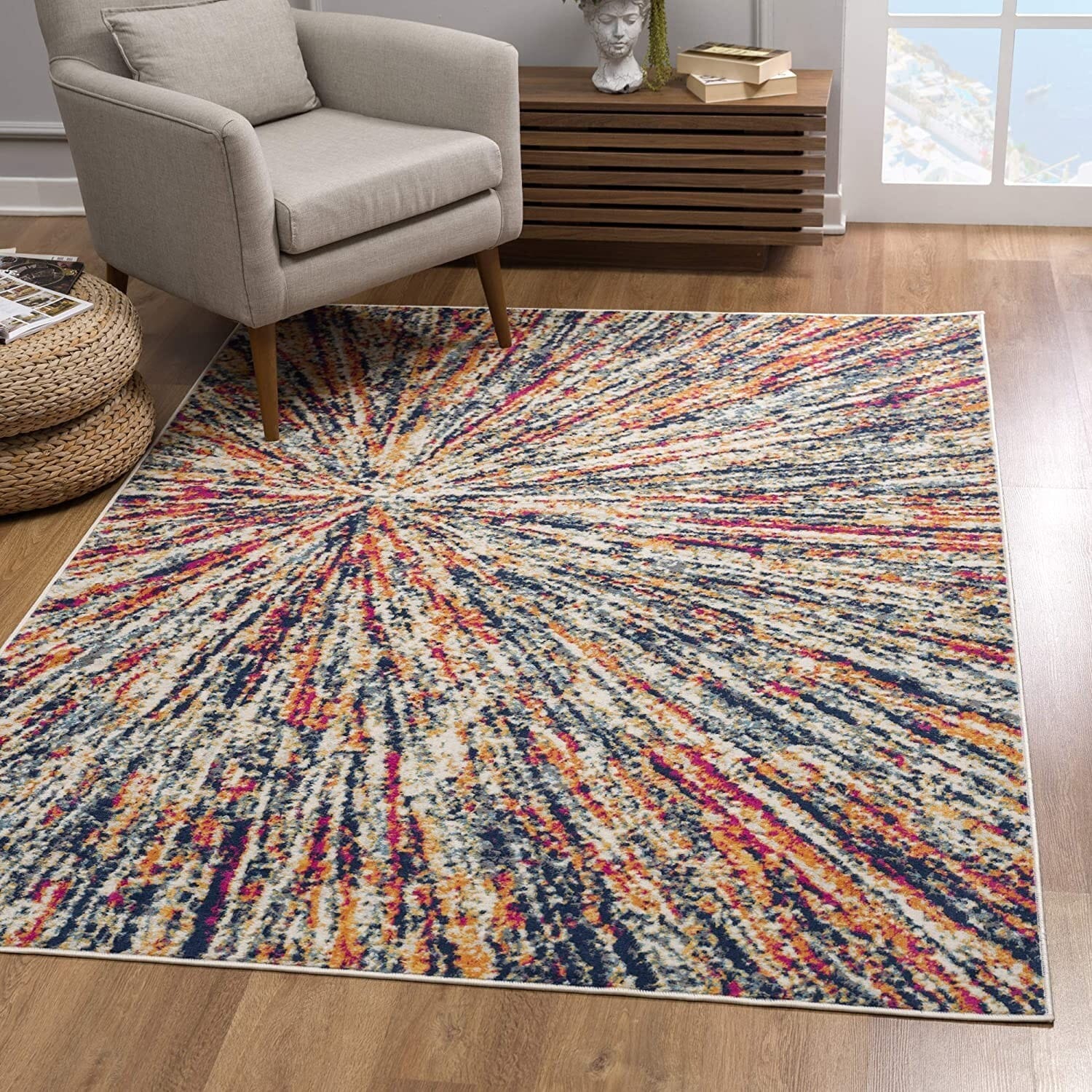 2' X 5' Cream Celestial Burst Abstract Area Rug