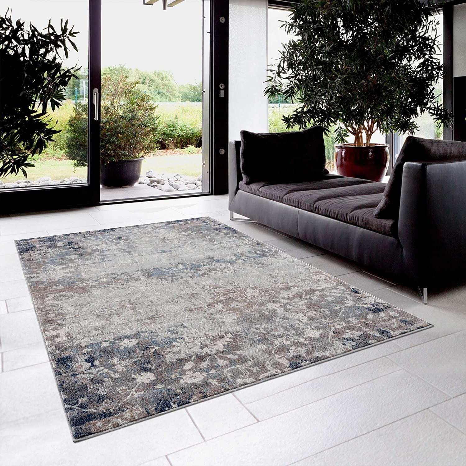 8' X 11' Navy And Beige Distressed Vines Area Rug