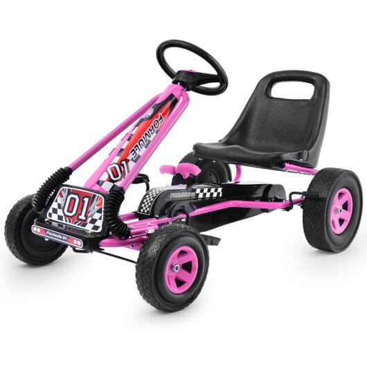 Costway Honeyjoy Go Kart 4 Wheel Pedal Powered Kids Ride On Toy with Adjustable Seat Pink - Color: Pink
