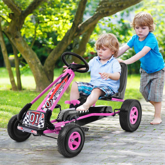 Costway Honeyjoy Go Kart 4 Wheel Pedal Powered Kids Ride On Toy with Adjustable Seat Pink - Color: Pink