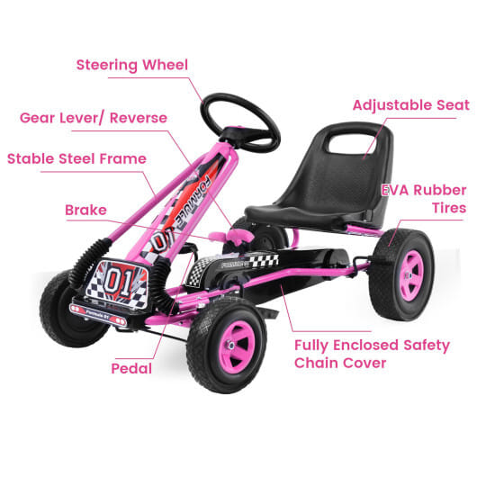 Costway Honeyjoy Go Kart 4 Wheel Pedal Powered Kids Ride On Toy with Adjustable Seat Pink - Color: Pink