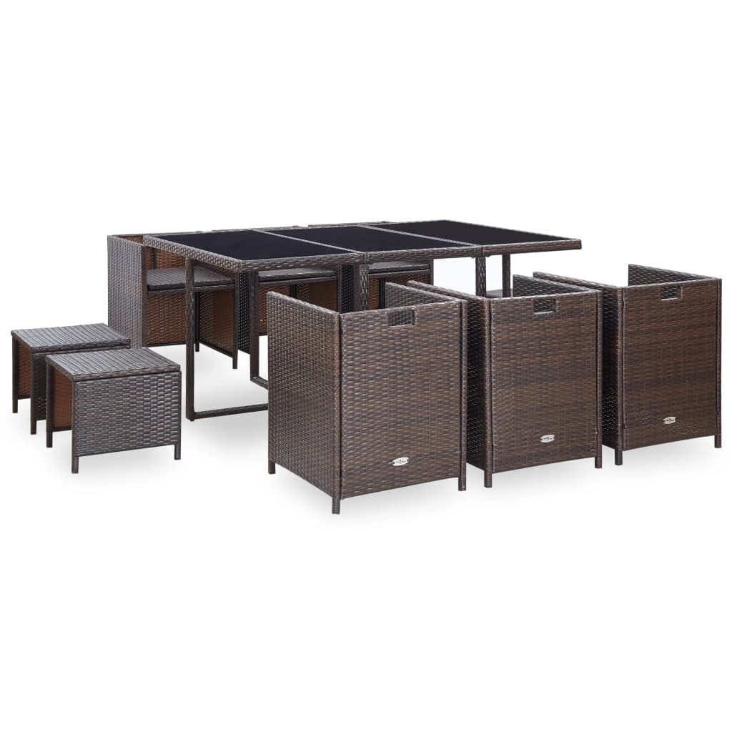 11 Piece Patio Dining Set with Cushions Poly Rattan Brown