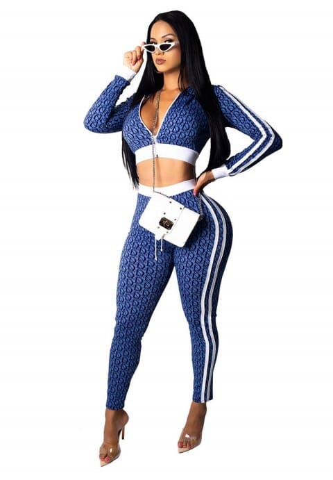 Women's Long Sleeve Zip Up Crop Top and Bodycon Long Pants Set