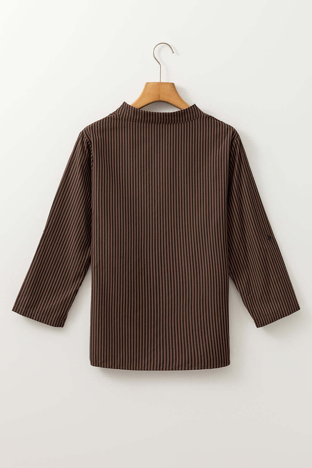 Brown Stripe V Neck Roll Up Sleeve Pocket Patched Classic Shirt