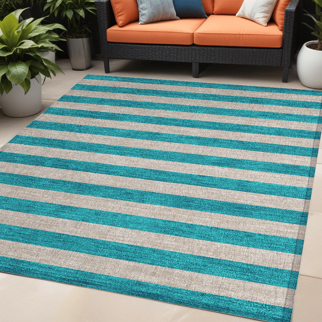 5' X 8' Turquoise Striped Washable Non Skid Indoor Outdoor Area Rug