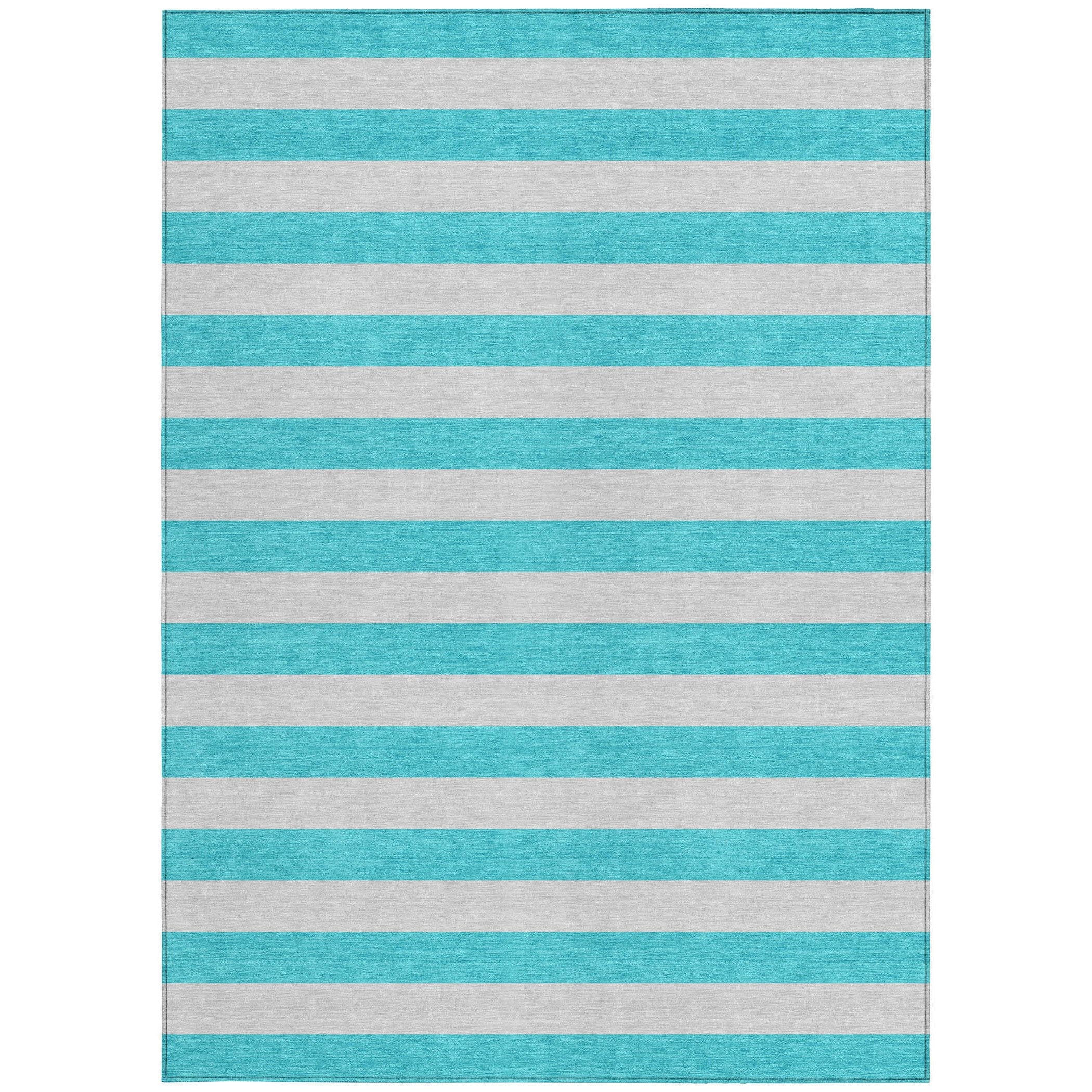 5' X 8' Turquoise Striped Washable Non Skid Indoor Outdoor Area Rug