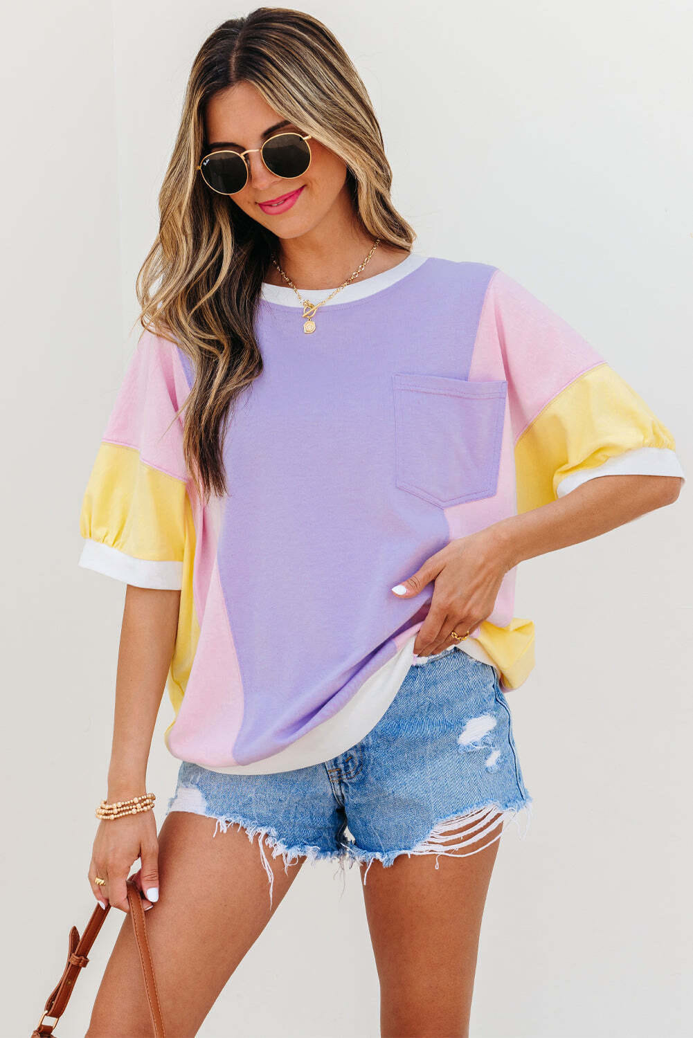 Purple Color Block Patchwork Half Sleeve Oversized T Shirt