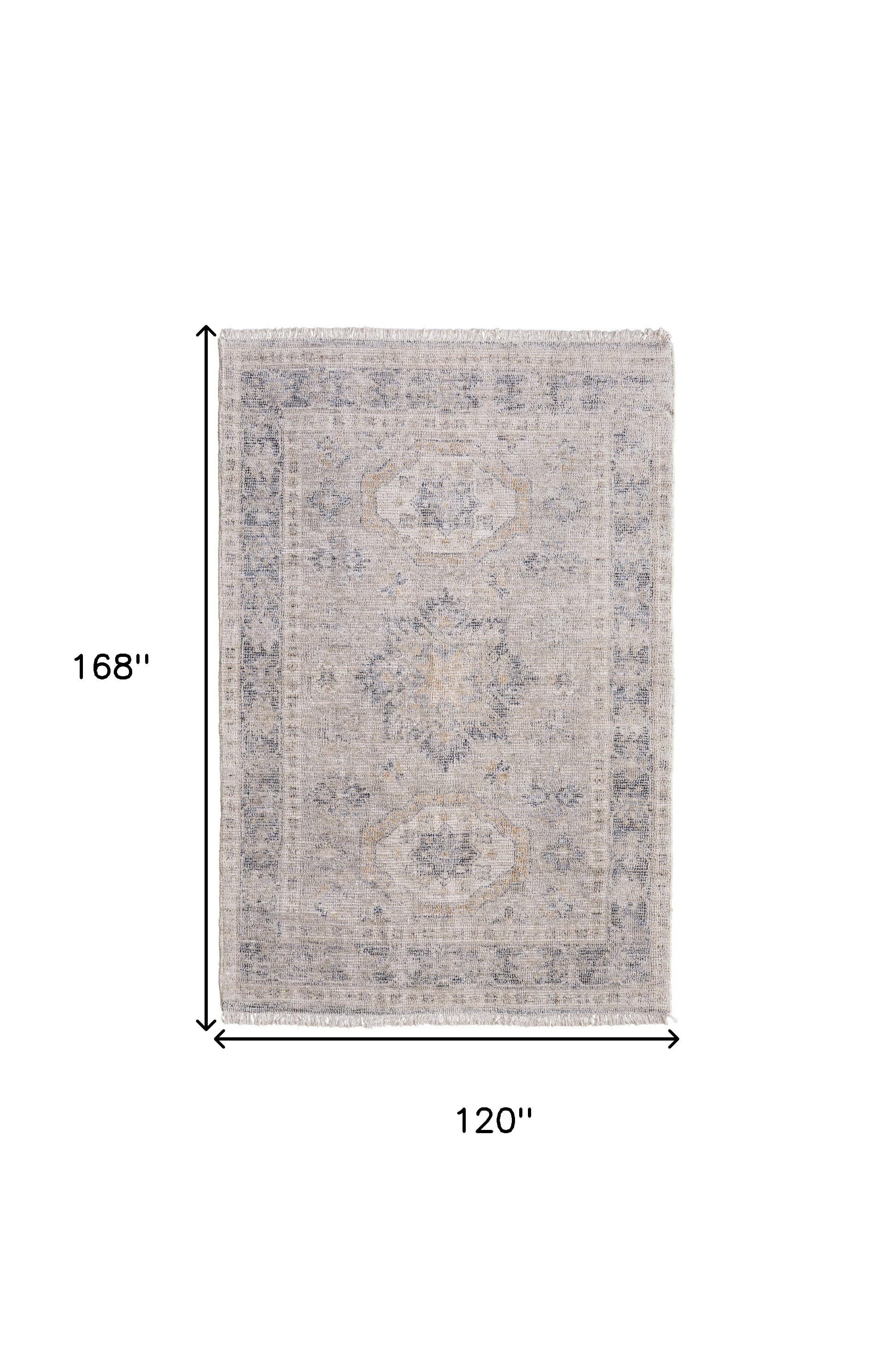 10' X 14' Tan and Gray Oriental Hand Woven Distressed Area Rug With Fringe