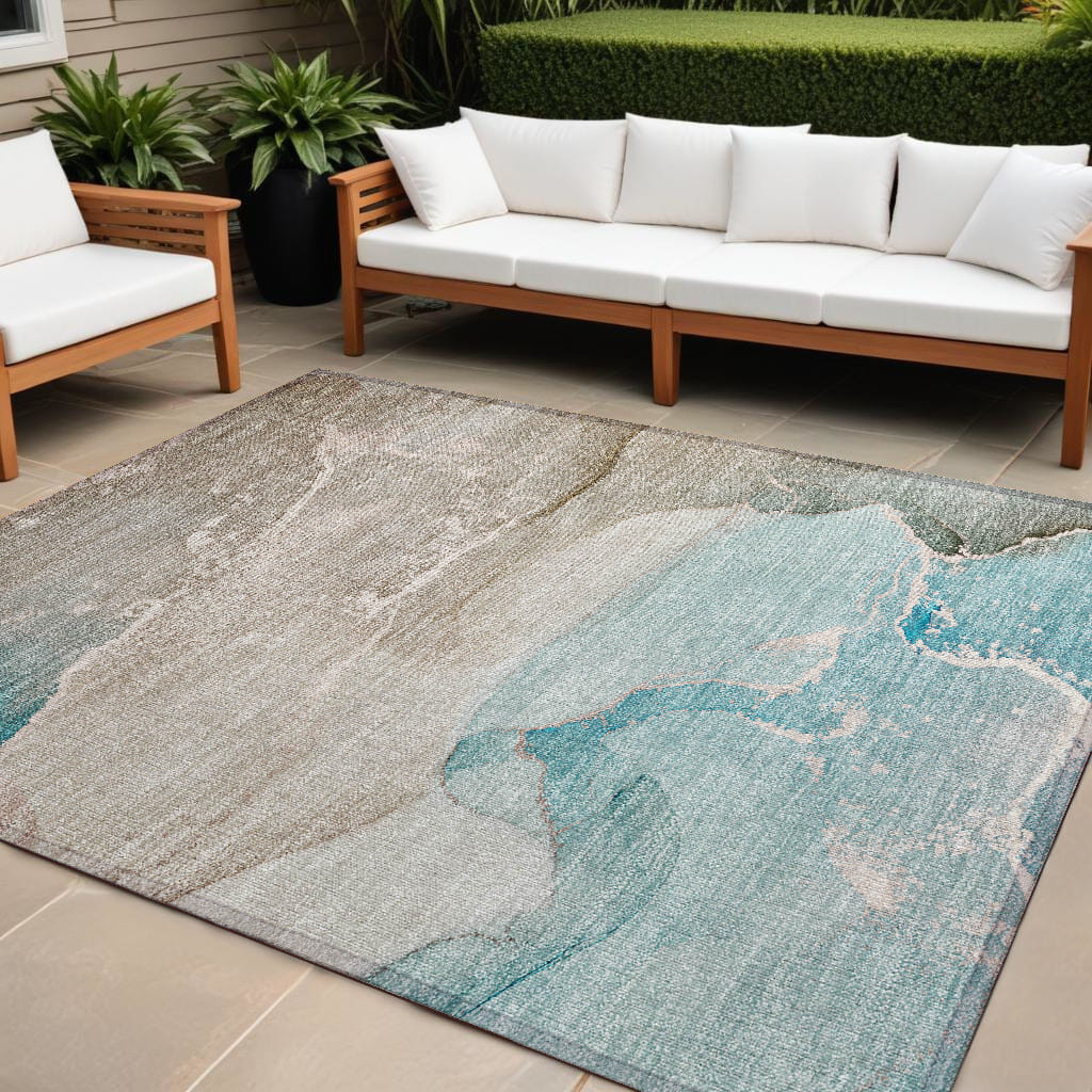 8' X 10' Teal Abstract Washable Non Skid Indoor Outdoor Area Rug