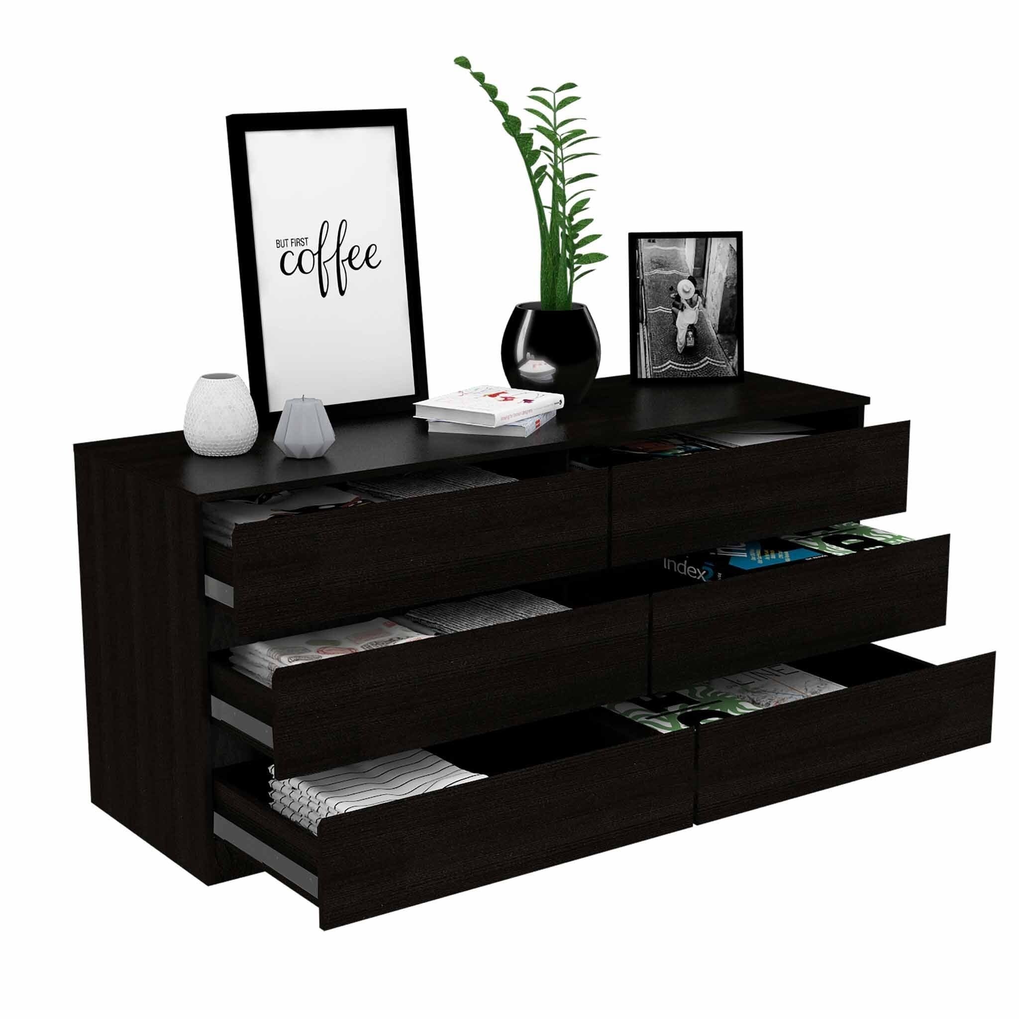 60" Black Six Drawer Double Dresser