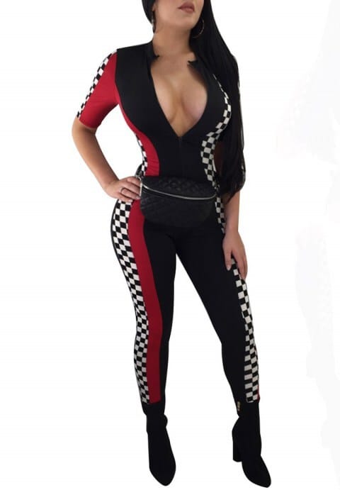 Checkered Jumpsuits Women Sexy Clubwear Zipper Bodycon Race Capri Rompers