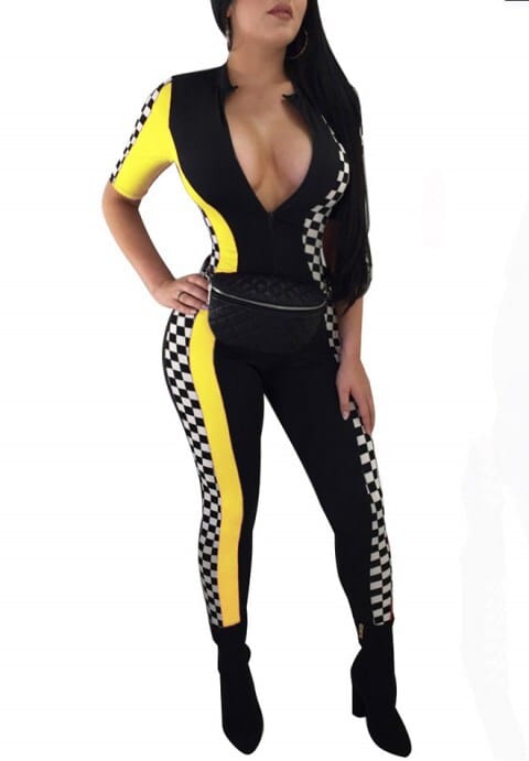 Checkered Jumpsuits Women Sexy Clubwear Zipper Bodycon Race Capri Rompers