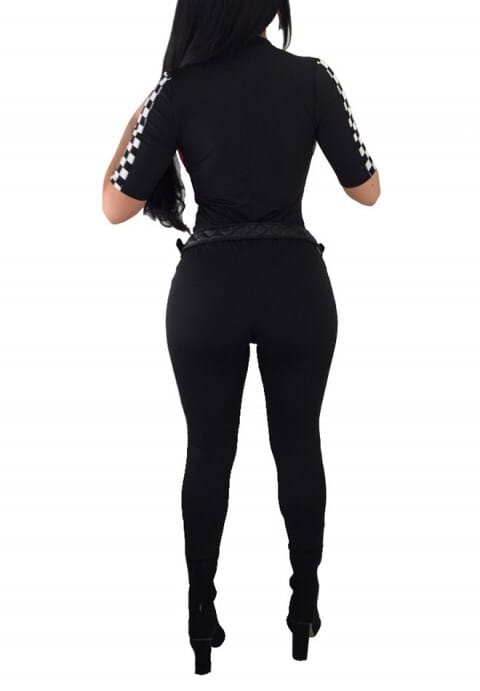 Checkered Jumpsuits Women Sexy Clubwear Zipper Bodycon Race Capri Rompers