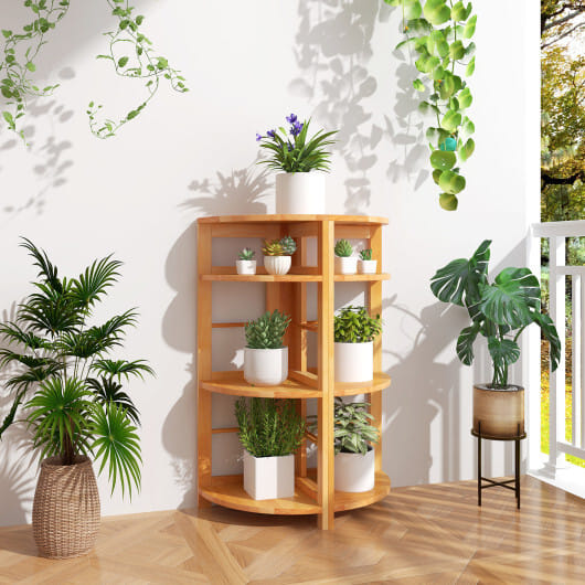 4-Tier Corner Shelf with Rubber Wood Frame and Anti-Toppling Kit - Color: Natural