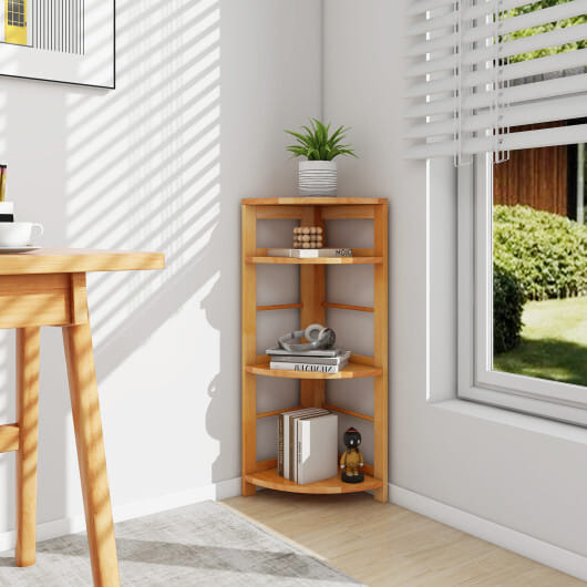 4-Tier Corner Shelf with Rubber Wood Frame and Anti-Toppling Kit - Color: Natural