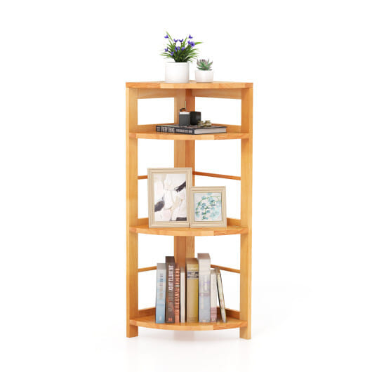 4-Tier Corner Shelf with Rubber Wood Frame and Anti-Toppling Kit - Color: Natural